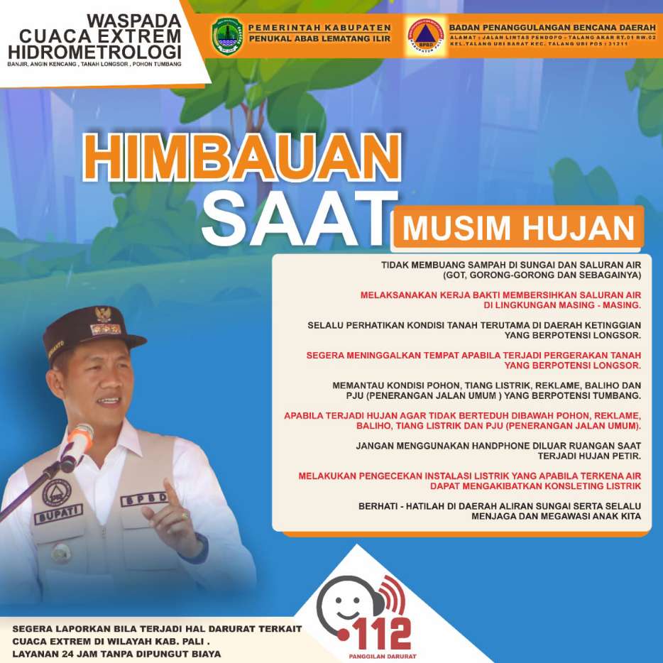 Musim Hujan, BPBD PALI Ajak Warga Waspada Cuaca Ekstrem Demi Keselamatan Bersama