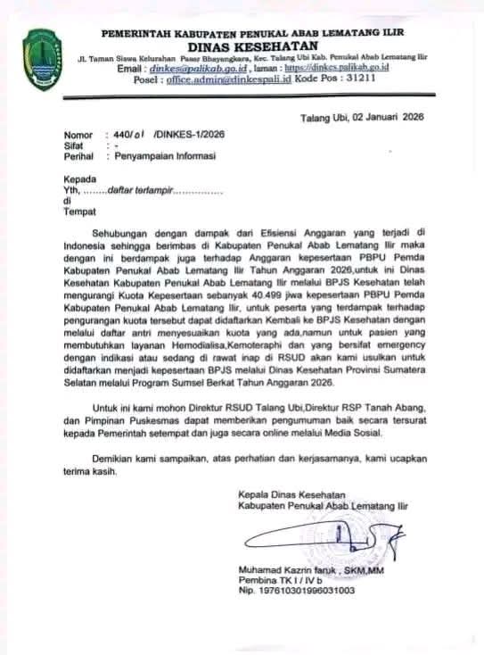 Efisiensi Anggaran Nasional Berimbas ke BPJS PBPU PALI, Dinkes Tegaskan Ada Solusi